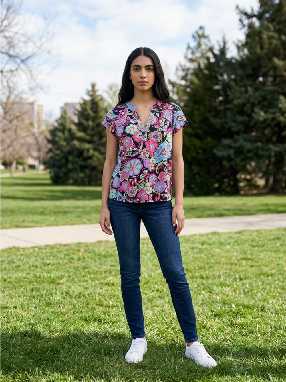 Vince CamiutoBlack Floral Paisley V-Neck Top